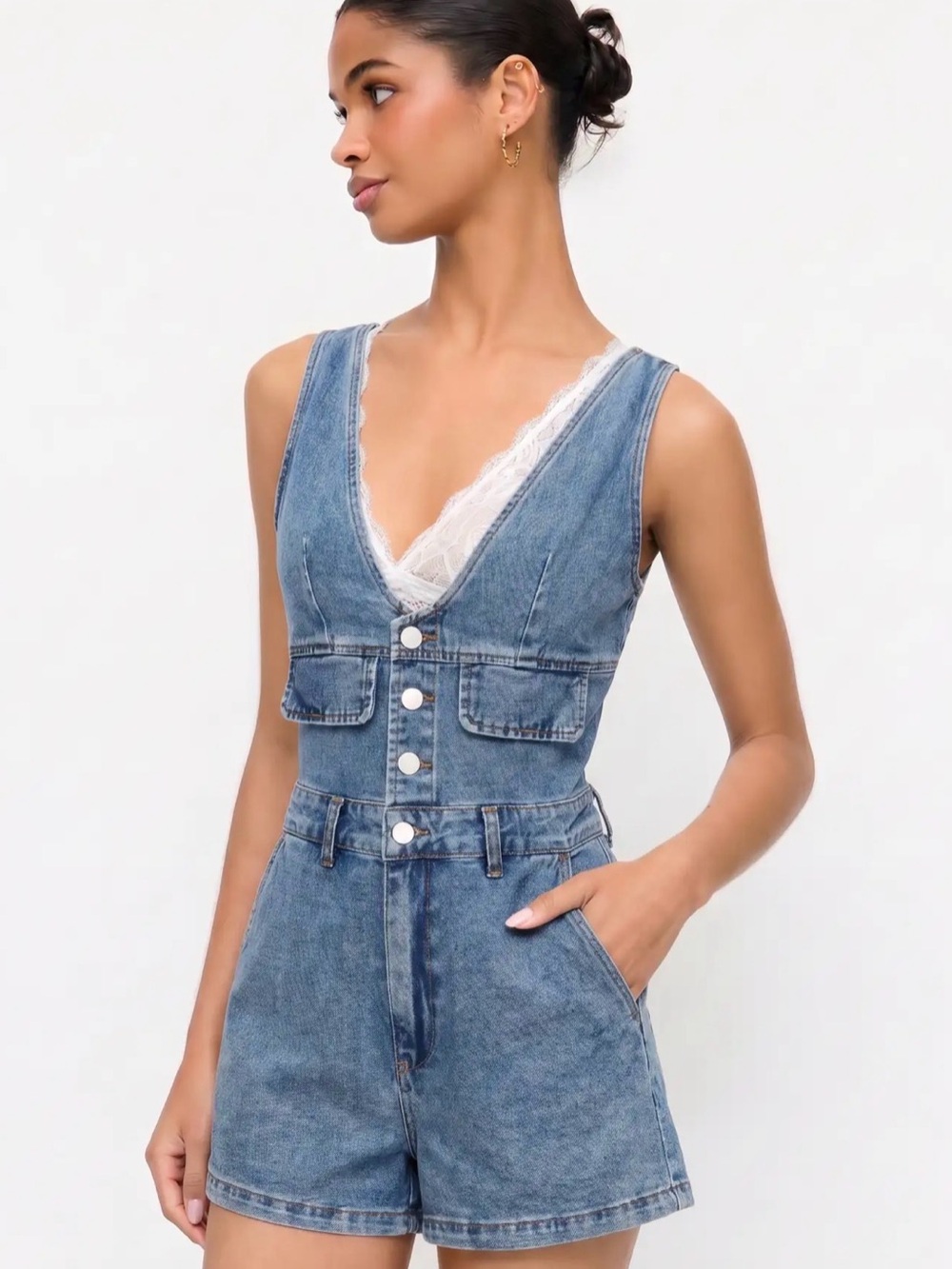 Cider Blue Denim Button-Front Short Overalls